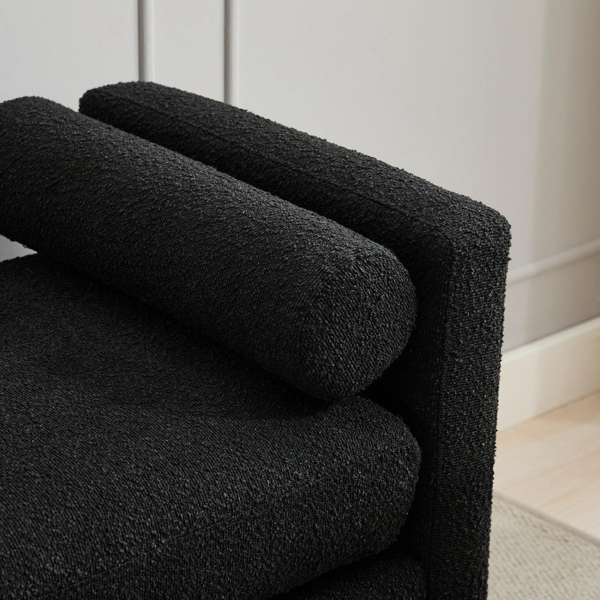KEIKI Oversize Boucle Bench Ottoman with 2 Bolster Pillows & Wood Legs, Upholstered End of Bed Daybed Seating, Foot Rest Stool Furniture for Bedroom, Living Room, Entryway, Black Natural