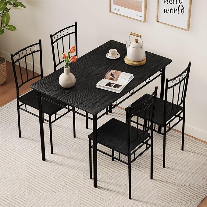 Kitchen Dining Table Set for 4, 5-Piece Kitchen Table Set,Dining Room Table Sets,Rectangular Kitchen Table Set with 4 Chairs for Small Space, Dinette,Apartment,Rustic Black