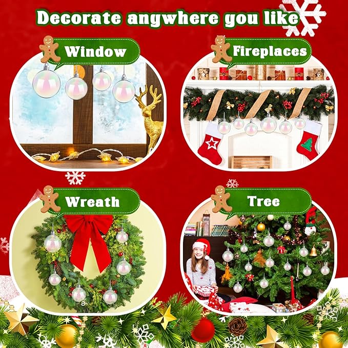 50 PCS Christmas Iridescent Ornaments,Clear Plastic Bubbles Hanging Filled Ornaments,Christmas DIY Hanging Rainbow Ball 5 Different Sizes for Xmas Tree Wedding Party Birthday Home Decorations