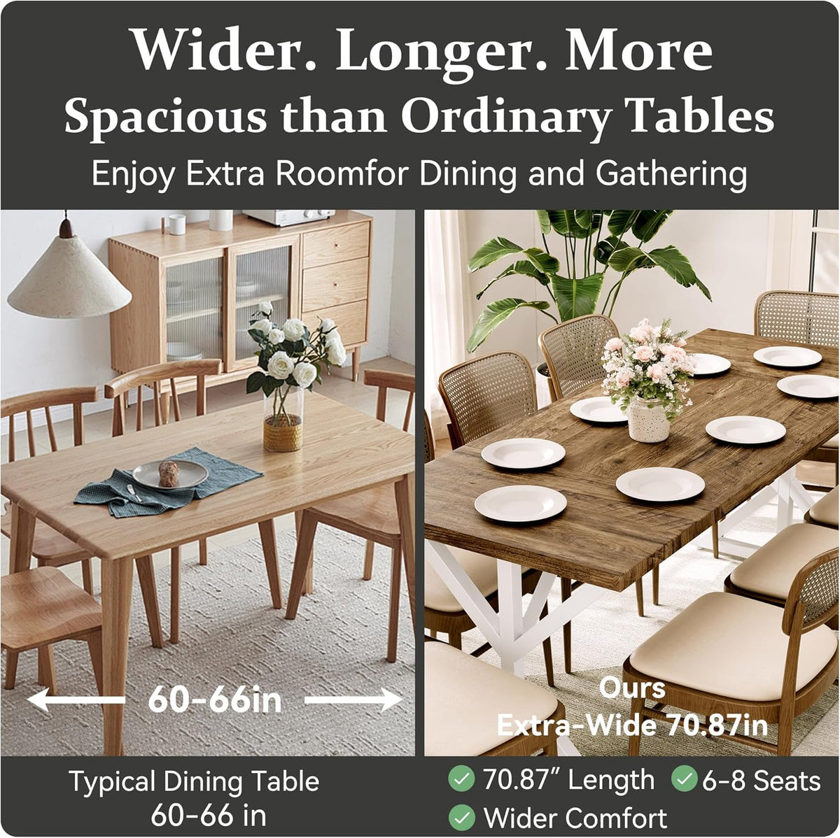 70.8 Inch Rectangular Dining Table for 6-8 People, Farmhouse Kitchen Table with Metal Base & Solid Wood Top, Easy Assembly, Water-Resistant, for Dining Room & Kitchen, Natural & White