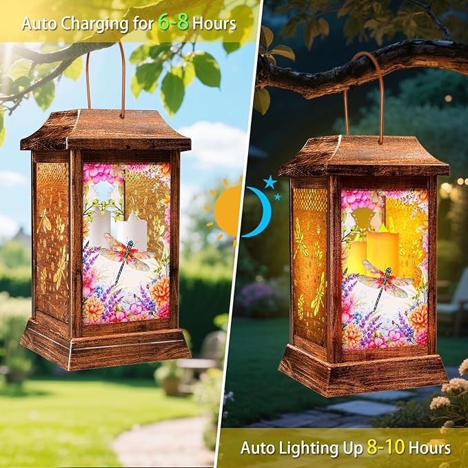 Dragonfly Solar Lanterns Outdoor Waterproof, Metal & Glass Hanging Lights Garden Decor, Birthday Gifts for Women Mom Grandma Mothers Day, Decorative Lights for Outside Yard Patio Backyard Porch