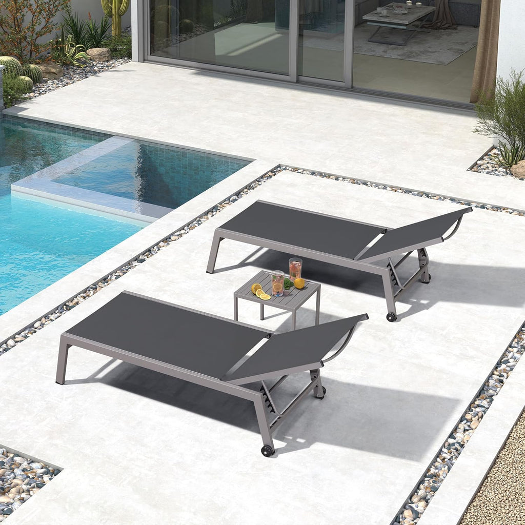 PURPLE LEAF Patio Chaise Lounge Set for 2, Oversize Seat, Grey | Reinforced aluminum frame with angled legs supports up to 320 lbs, providing solid stability without sagging or rocking