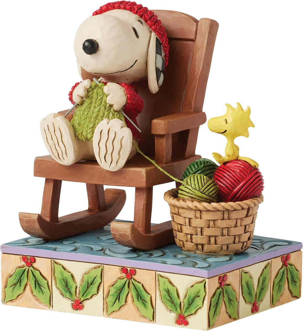 Enesco Peanuts by Jim Shore Snoopy in Rocking Chair Knitting with Woodstock Figurine, 5 Inch, Multicolor