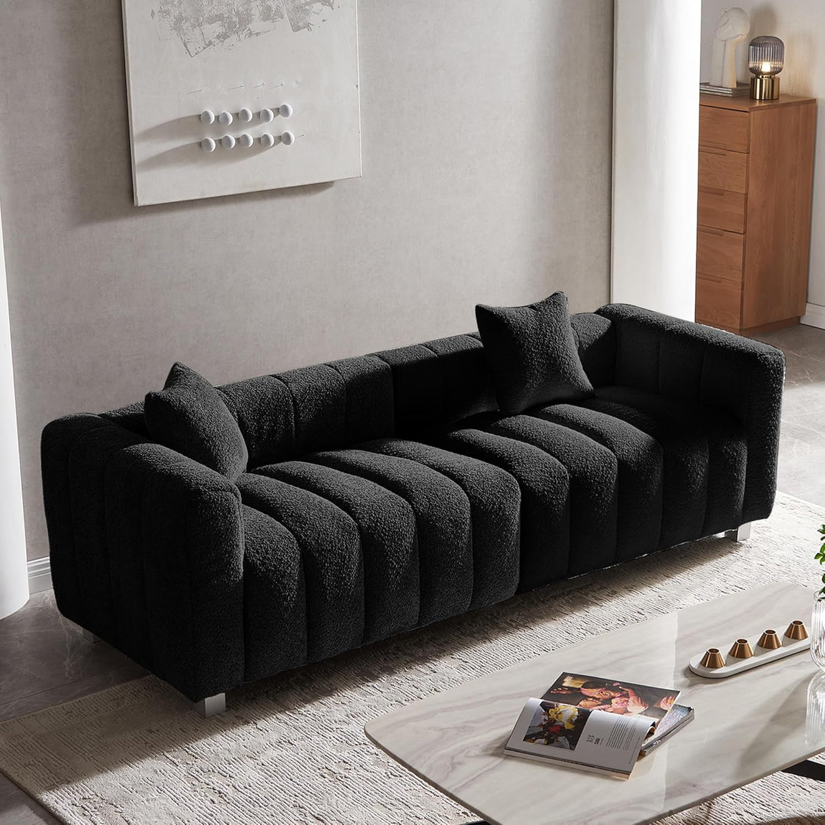87.4" Modern 3 Seater Sofa Couch for Living Room, Mid Century Fluffy Couches with Solid Wood Frame and 6 Legs for Bedroom, Apartment, Weight Capacity 750 LBS (Black)