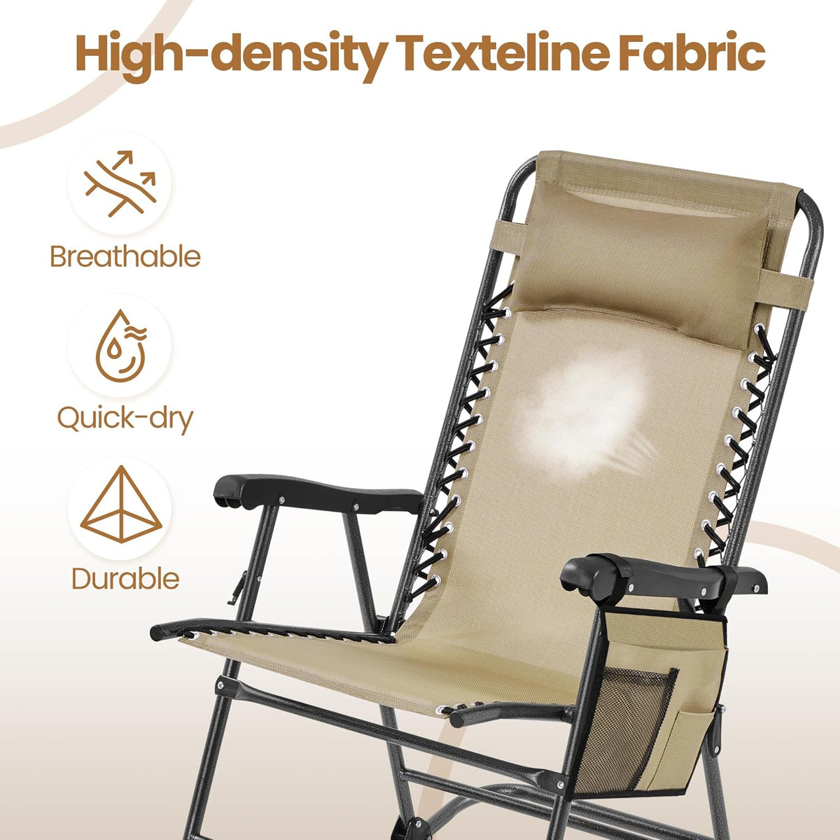 Yaheetech Patio Rocking Chair Folding Camping Chair with Pocket, Beige | Folding rocking recliner with smooth zero-gravity recline, ergonomic design with pillow. Great for patio, lawn & camping.