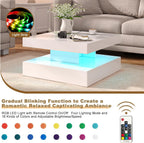 HedoAjim White LED Coffee Table for Living Room, 2-Tier Square Center Table Living Room Table, Modern High Glossy Contemporary Wood Coffee Tables with Storage, Suitable for Dining Reception