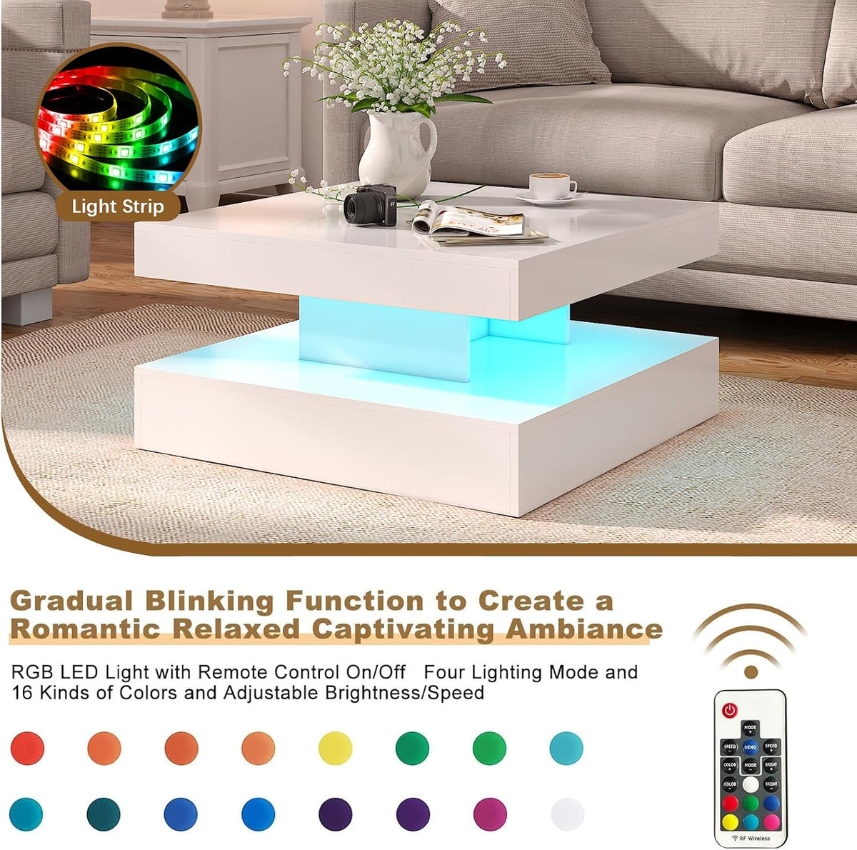 HedoAjim White LED Coffee Table for Living Room, 2-Tier Square Center Table Living Room Table, Modern High Glossy Contemporary Wood Coffee Tables with Storage, Suitable for Dining Reception