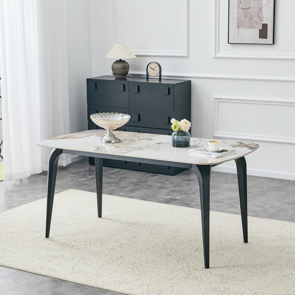 Modern Rectangular Dining Table,63”Sintered Stone Dining Table for 4-6, Stone Top with Carbon Steel Frame for Small Space,Kitchen Office,Apartment,Cafe（Marble）