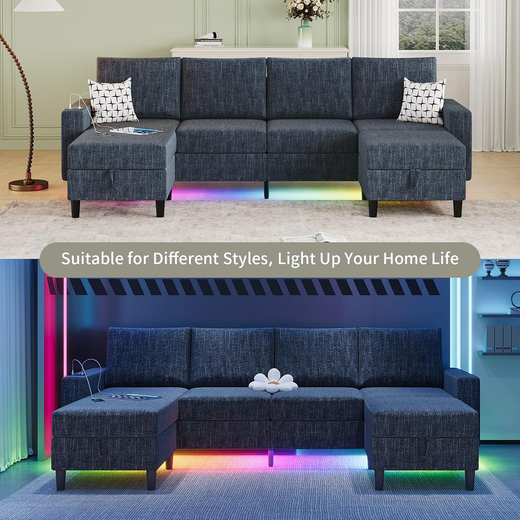 Sectional Couches for Living Room, 6-Seats Soft Linen Fabric Sectional Sofa with Storage Ottoman, Modern Convertible U/L Shaped Couch with Smart Charging Module/LED Light/Music Sync (Blue)
