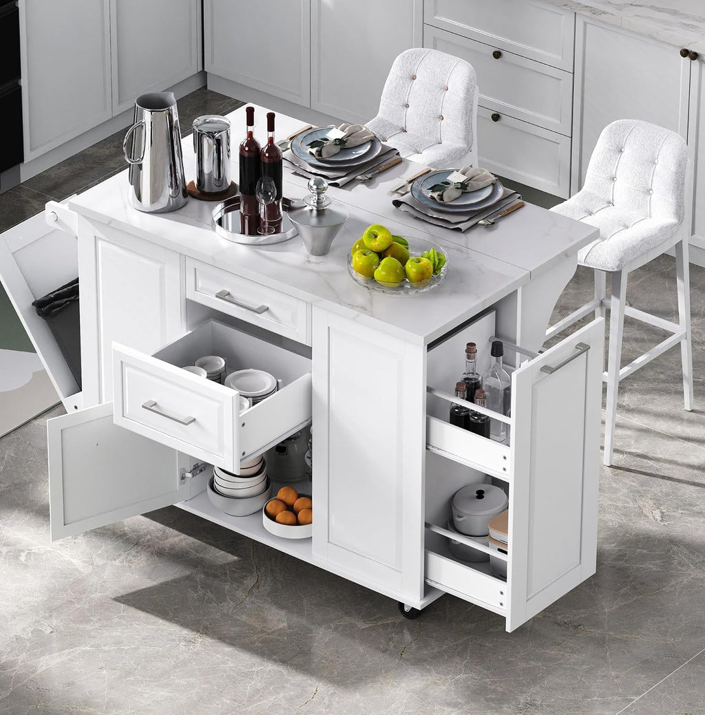 50.7" Kitchen Island with Trash Can Storage Cabinet & Drop Leaf | Island Table for Kitchen, White Faux Marble Top, Double-Tier Pull-Out Cabinet, Foldable Workspace, 5 Wheels