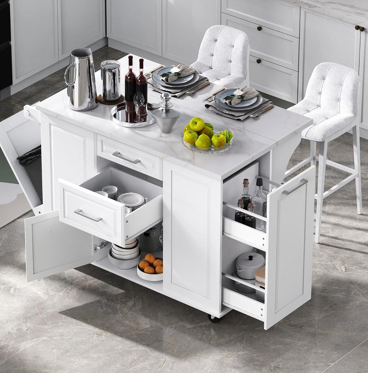 50.7" Kitchen Island with Trash Can Storage Cabinet & Drop Leaf | Island Table for Kitchen, White Faux Marble Top, Double-Tier Pull-Out Cabinet, Foldable Workspace, 5 Wheels