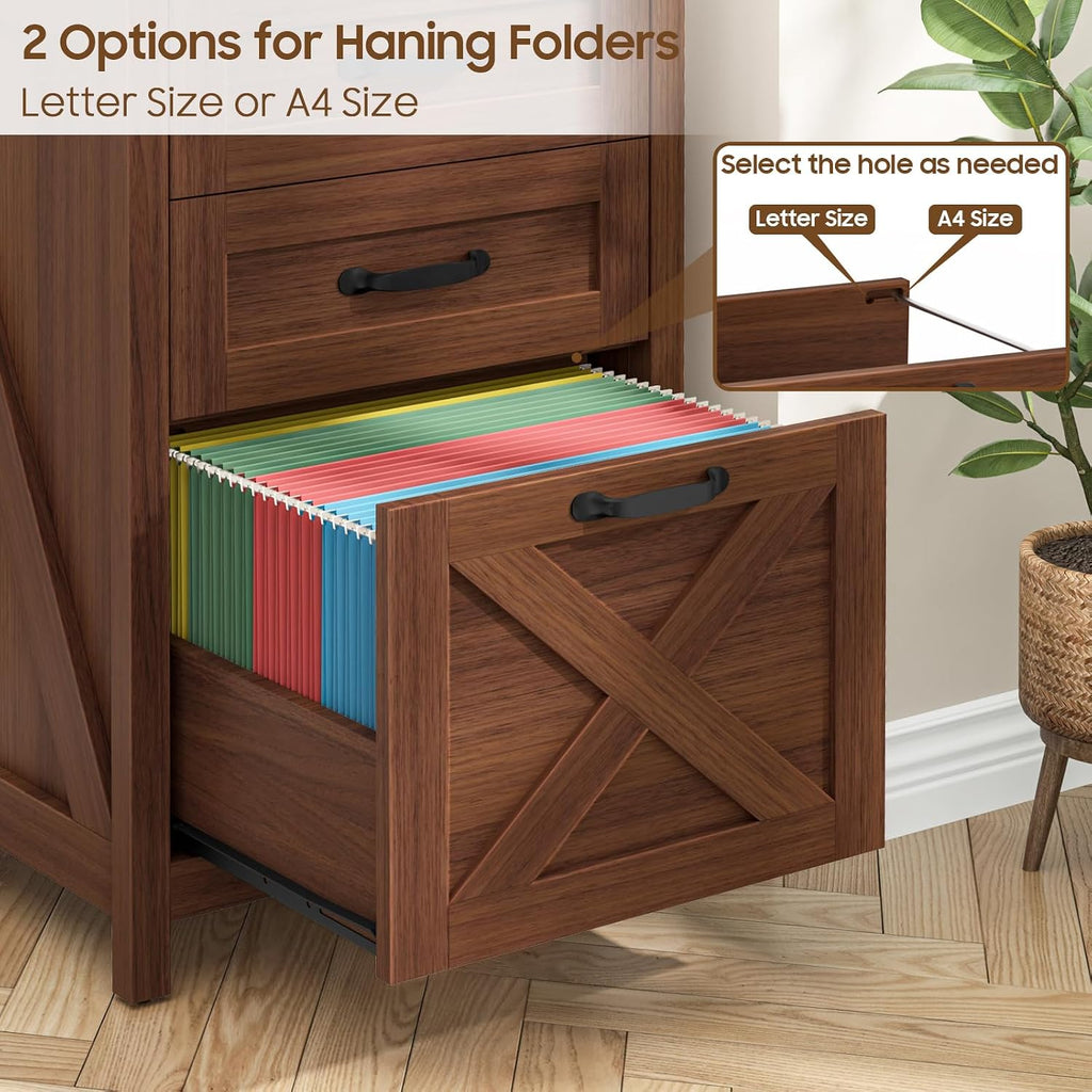 Halitaa Small Farmhouse File Cabinet with 3 Drawers for Home Office, Walnut | Vertical Filing Cabinet Fits Letter and A4 Size, Farmhouse Printer Stand, Under Desk Wooden File Cabinet