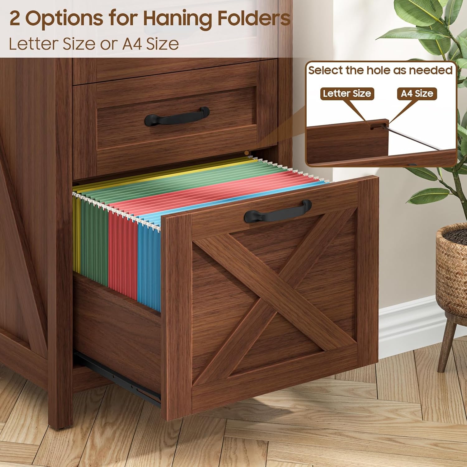 Halitaa Small Farmhouse File Cabinet with 3 Drawers for Home Office, Walnut | Vertical Filing Cabinet Fits Letter and A4 Size, Farmhouse Printer Stand, Under Desk Wooden File Cabinet