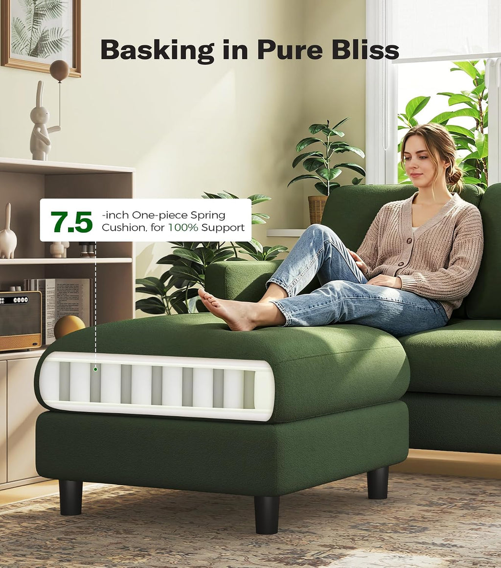 Welzona Loveseat Sofa with Ottoman, 51" Small L Shaped Teddy Couch Sofa | Comfy Teddy Fabric, Tool-free Setup, Washable Covers, All-wood Couch Sets for Living Room, Bedroom, Small Spaces, Green