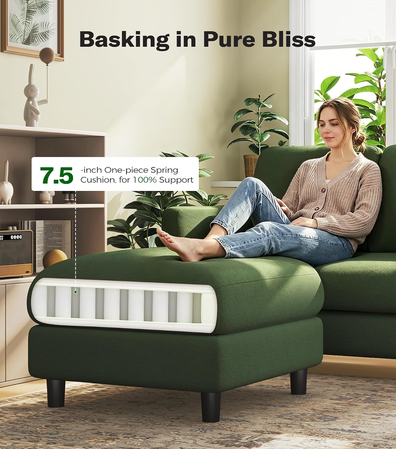 Welzona Loveseat Sofa with Ottoman, 51" Small L Shaped Teddy Couch Sofa | Comfy Teddy Fabric, Tool-free Setup, Washable Covers, All-wood Couch Sets for Living Room, Bedroom, Small Spaces, Green