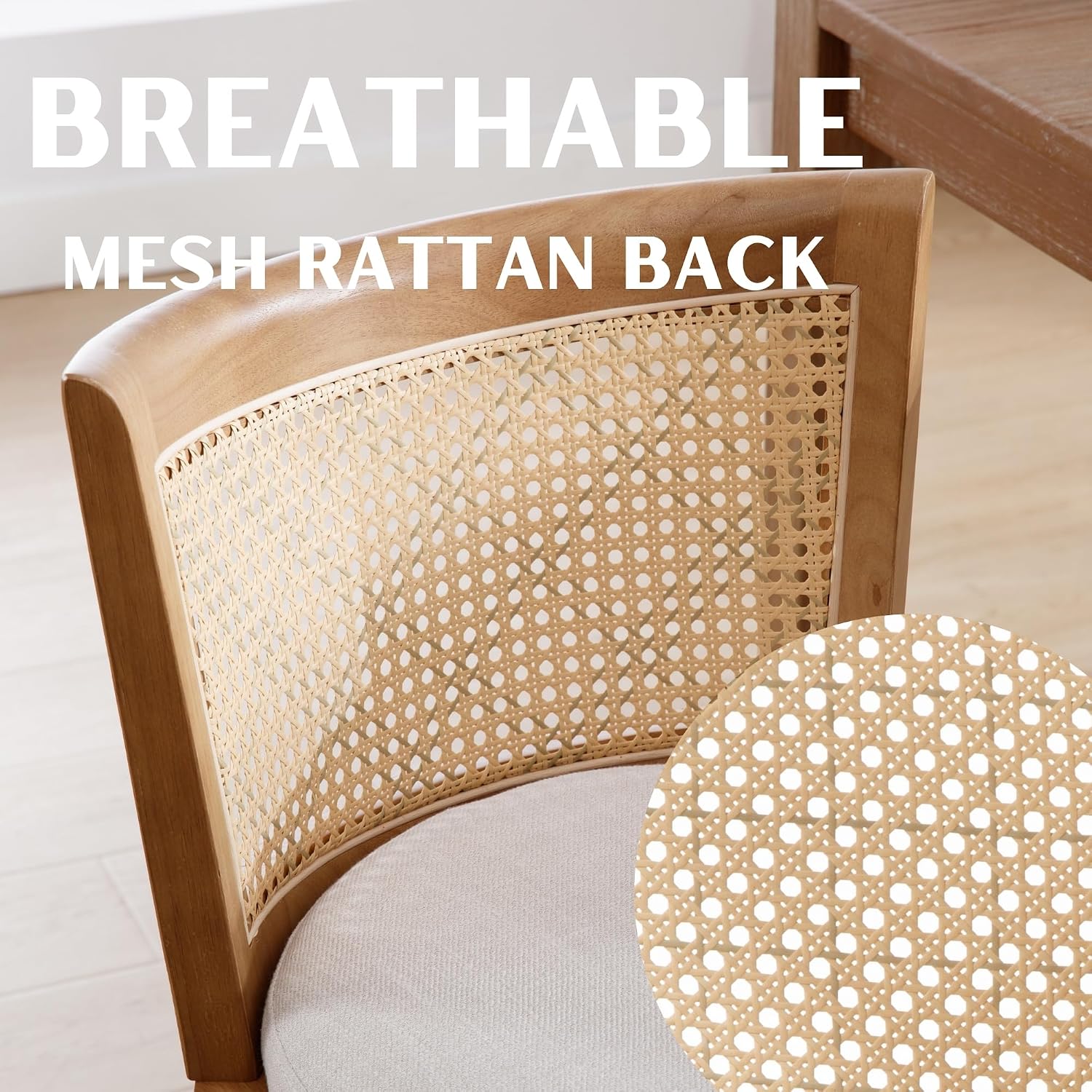 RIVOVA Modern Farmhouse Rattan Dining Chairs Set of 6 Natural Wood Kitchen Chairs Beige Upholstered Linen Dining Chairs Cane Country Dining Room Chairs