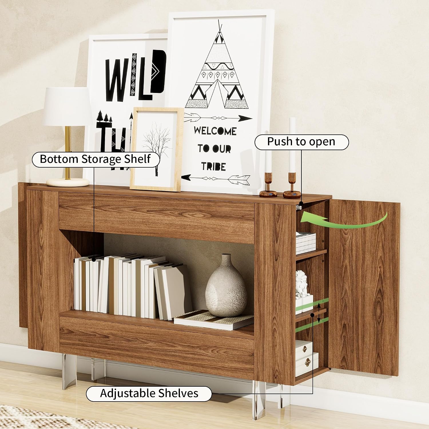 Console Table, Entryway Table with Hidden Storage Cabinets, Adjustable Shelves, Farmhouse Sofa Table for Behind The Couch, Living Room, Hallway, Brown Wood Grain Finish