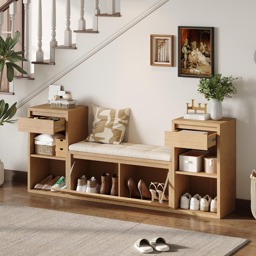 Entryway Bench with Shoe Storage, Solid Wood Shoe Bench with Cushion and Drawers, Open Shelves, Storage Bench for Entry Way, Living Room, Hallway, Natural Wood