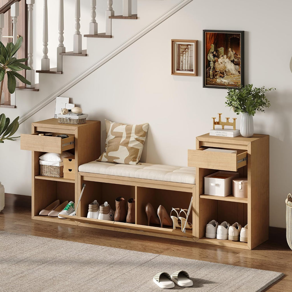 Merax Shoe Storage Bench with Cushion & Flip Compartments, All-in-One Entryway Bench with Drawers and Open Shelves, Solid Wood Storage Bench for Mudroom Hallway Living Room, Rustic Brown