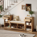 Merax Shoe Storage Bench with Cushion & Flip Compartments, All-in-One Entryway Bench with Drawers and Open Shelves, Solid Wood Storage Bench for Mudroom Hallway Living Room, Rustic Brown