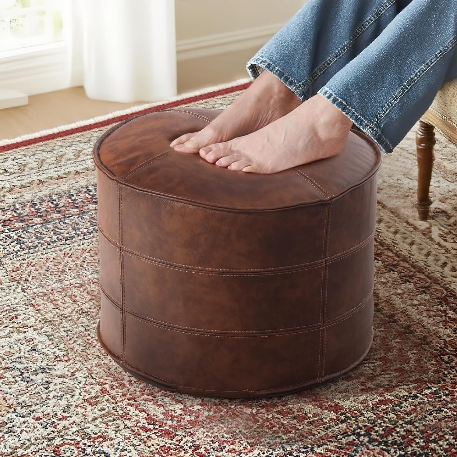 Couchus Genuine Leather Ottoman, Square Pouf Footstool (Round, Brown) | Modern Upholstered Ottoman, Floor Pouf for Living Room, Bedroom