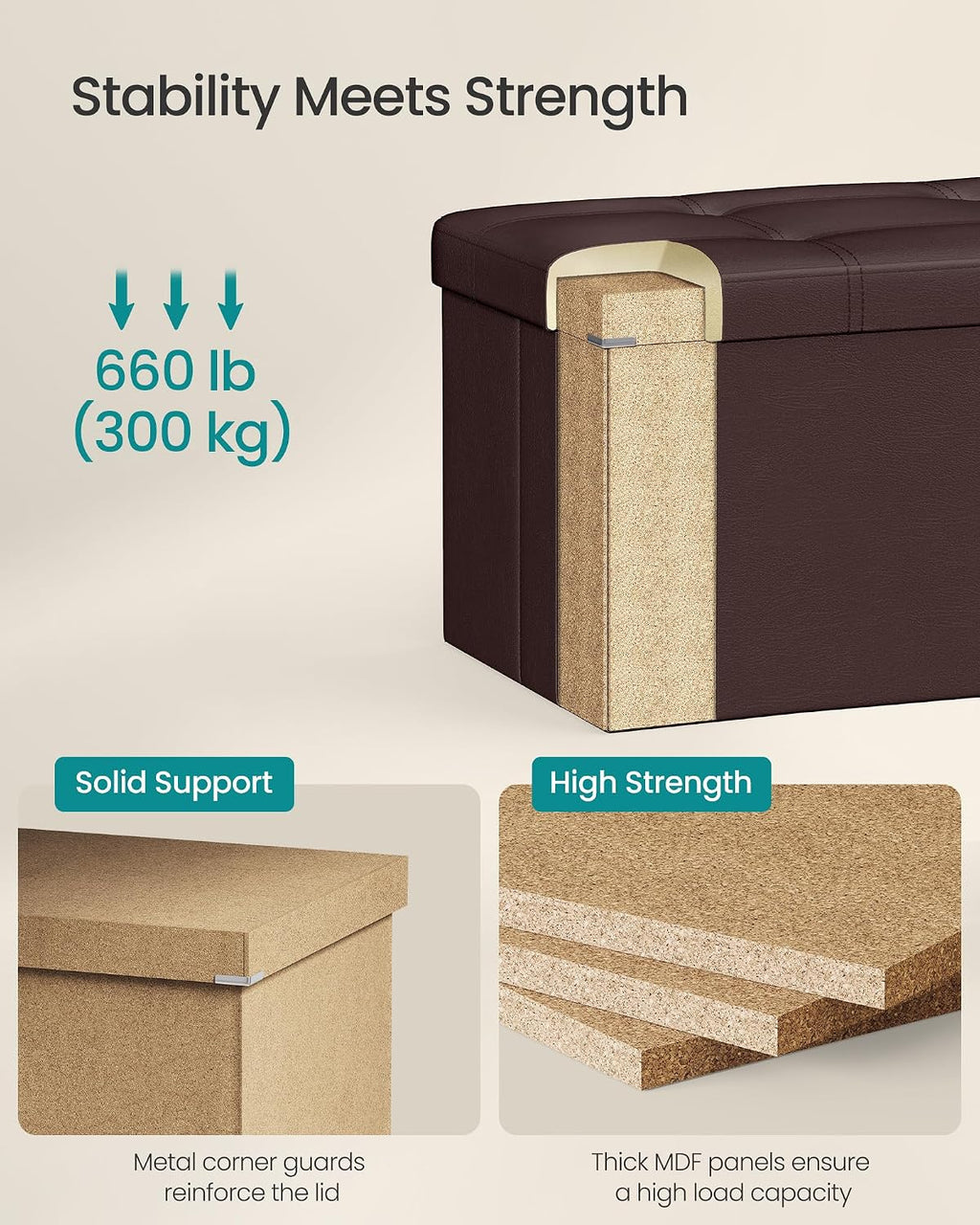 SONGMICS Storage Ottoman Bench, 43.3 Inches Folding Foot Rest Stool | PU Leather, Easy Assembly, for Living Room, Bedroom, Entryway, Rustic Walnut and Ink Black, MINOTA Collection ULSF703