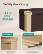 SONGMICS Storage Ottoman Bench, 43.3 Inches Folding Foot Rest Stool | PU Leather, Easy Assembly, for Living Room, Bedroom, Entryway, Rustic Walnut and Ink Black, MINOTA Collection ULSF703