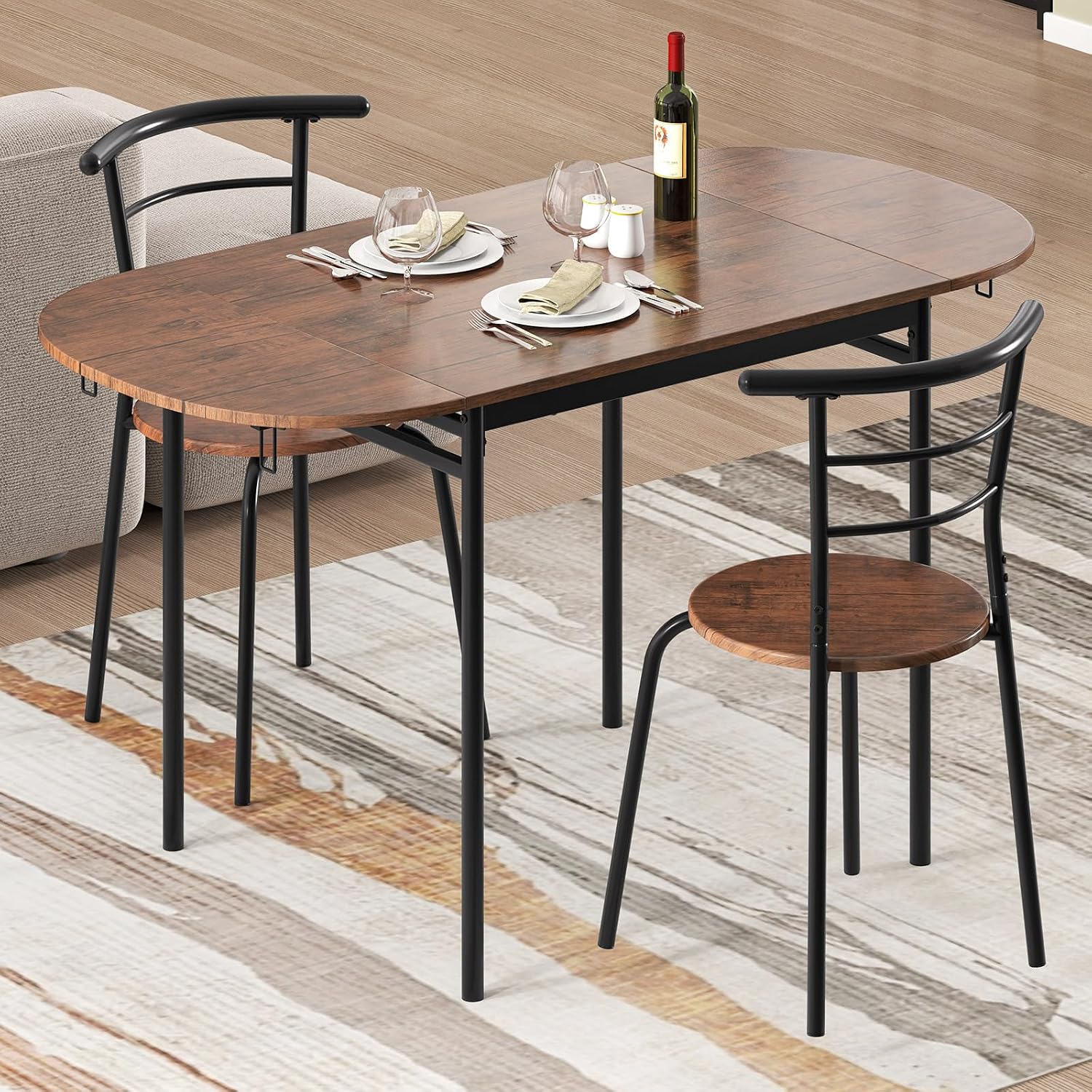 GOFLAME 3-Piece Drop Leaf Dining Table Set, Extendable Kitchen Breakfast Table with 2 Chairs, Space Saving Folding Dining Room Set for Home Kitchen, Apartment, Small Space, Rustic Brown