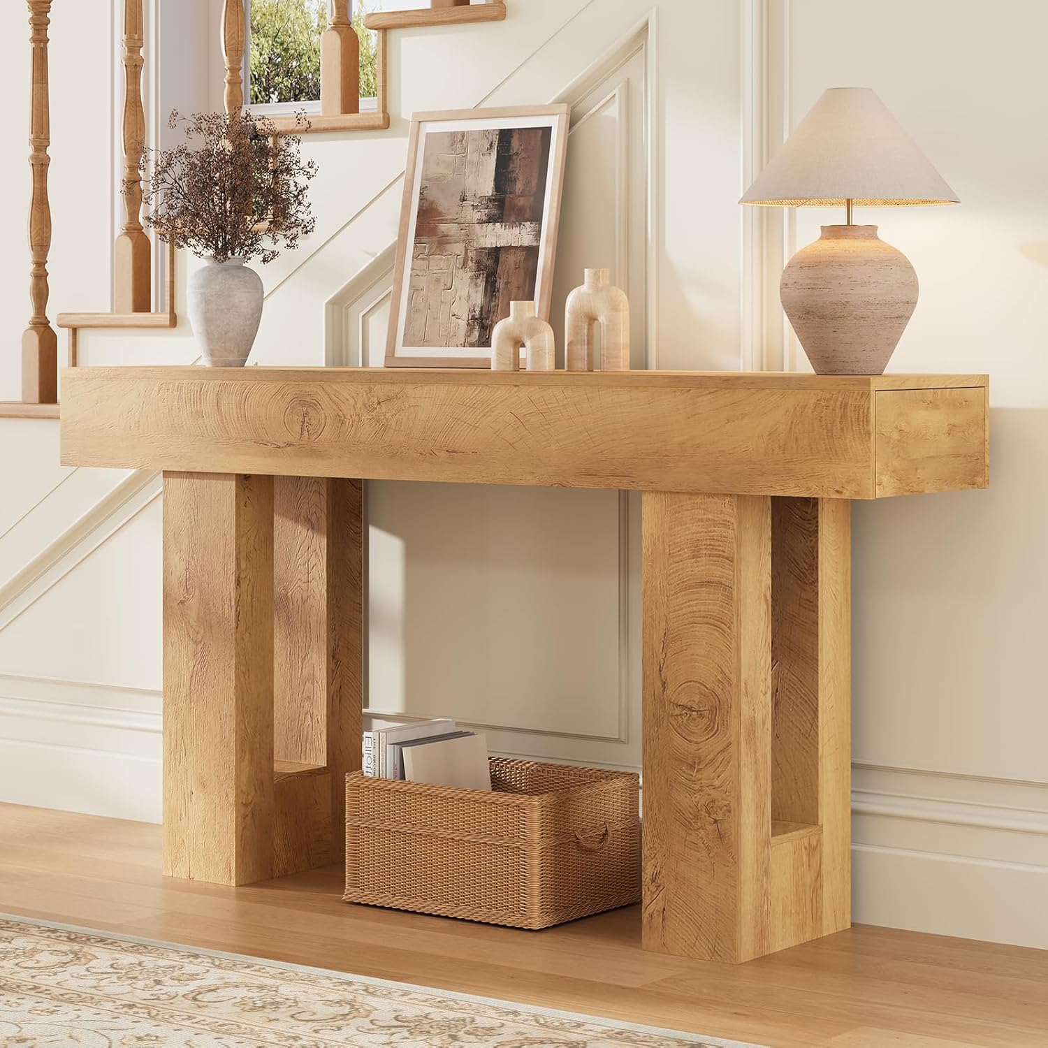Airynee 63 Inches Long Console Table for Entryway with Drawers, Wooden Sofa Table Behind Couch, Industrial Entry Table for Living Room, Foyer, Hallway, Natural Oak