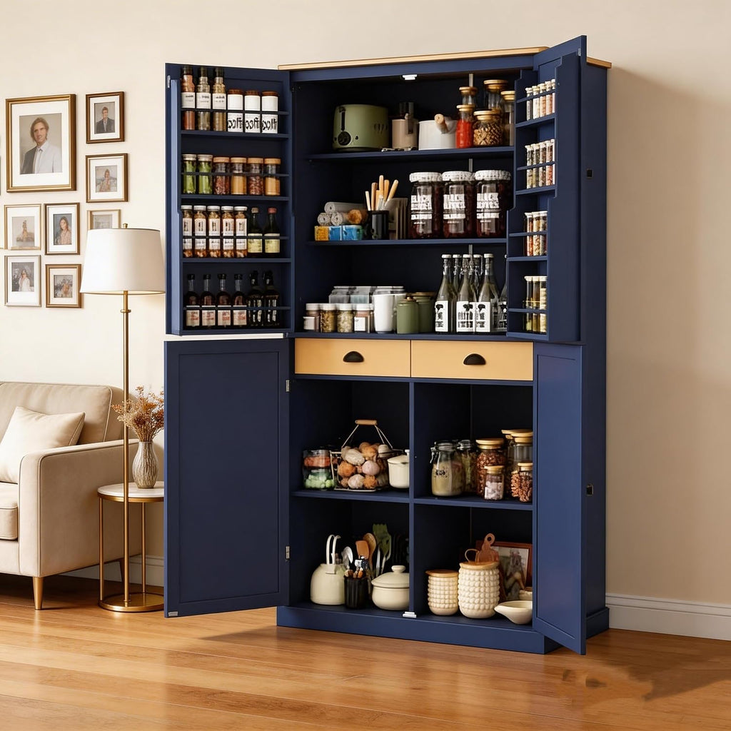 LUMISOL 71" Tall Kitchen Pantry Storage Cabinet with Doors and Shelves, Wood Farmhouse Freestanding Storage Cabinets with Drawers and Adjustable Shelves for Kitchen Storage, Blue