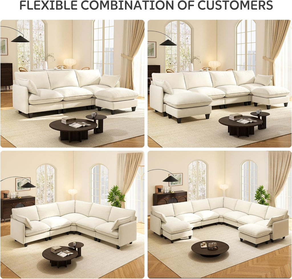 Ihanherry 105" Modular Sectional Sofa, L-Shaped Cloud Couch with Oversized Large Cushions & Movable Ottoman, Chenille Deep Seat Couch for Living Room, Beige