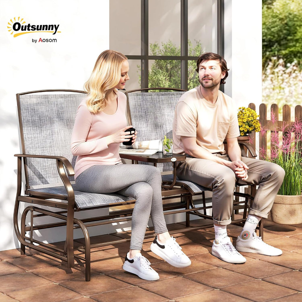 Outsunny Outdoor Glider Bench with Center Table Metal Frame Armrests Gray | Patio Loveseat, Breathable Mesh Fabric, for Backyard Garden Porch