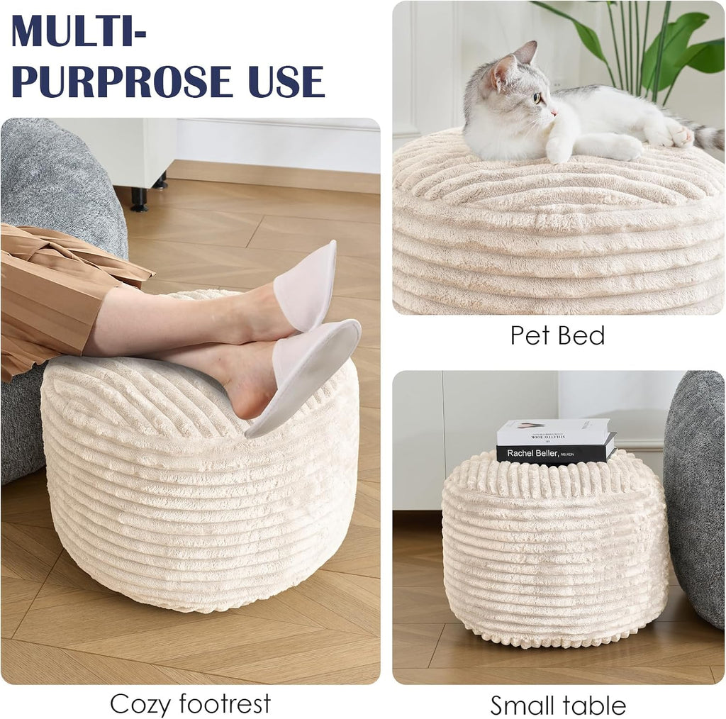 Stuffed Round Ottoman,Corduroy Pouf Ottoman Foot Rest,20 X 15 in,Beige | Memory Foam Filling,Pouf Storage Ottoman Footstool for Living Room,20 X 15 Floor Poufs for Couch,Footrest Only