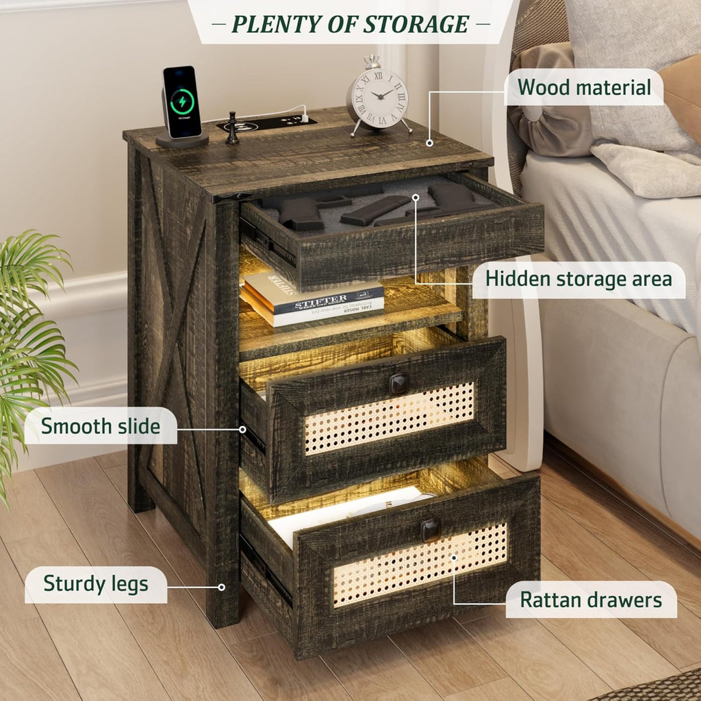 Farmhouse Night Stand with Gun Drawer, Bedside Table with Charger Station, LED Nightstand with Human Sensor Light, Smart End Table for Bedroom Livingroom, Rustic