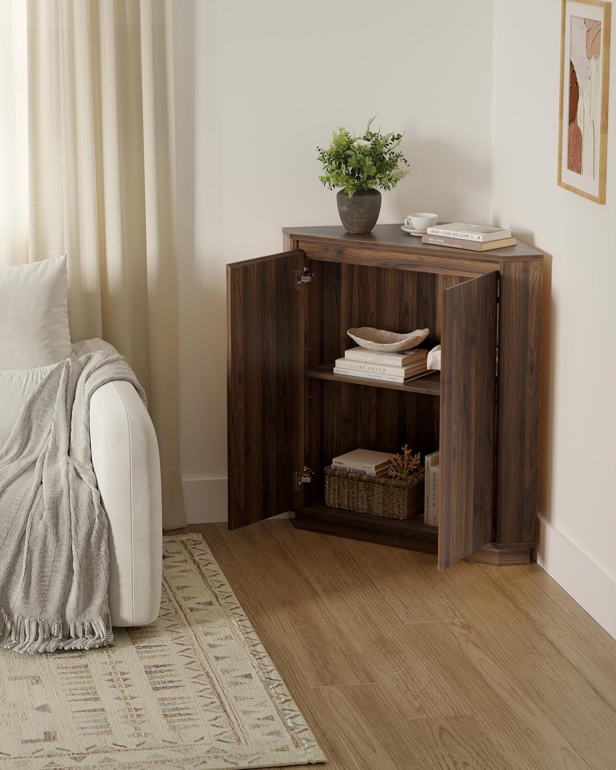 Corner Storage Cabinet, Small Corner Floor Cabinet with 2 Doors and 2-Tier Shelves, Modern Wooden Narrow Storage Organizer for Living Room, Kitchen, Pantry, Bathroom, Brown