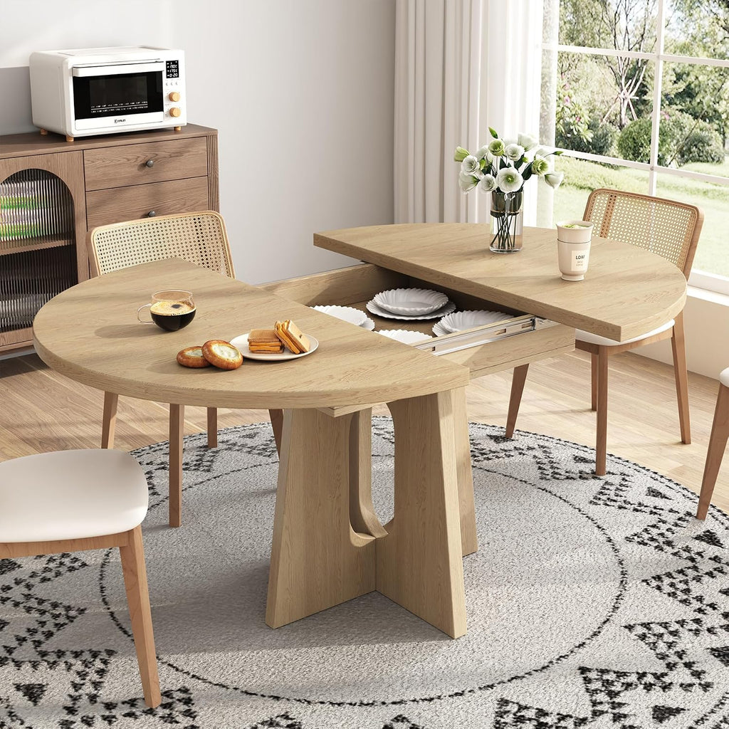 Epecoya 59-Inch Extendable Round Dining Table for Dining Room, Light Oak | 4-6 People Farmhouse Oval Wood Expandable Kitchen Dinner Table with Heavy Cross Pedestal for Living Room, Apartment