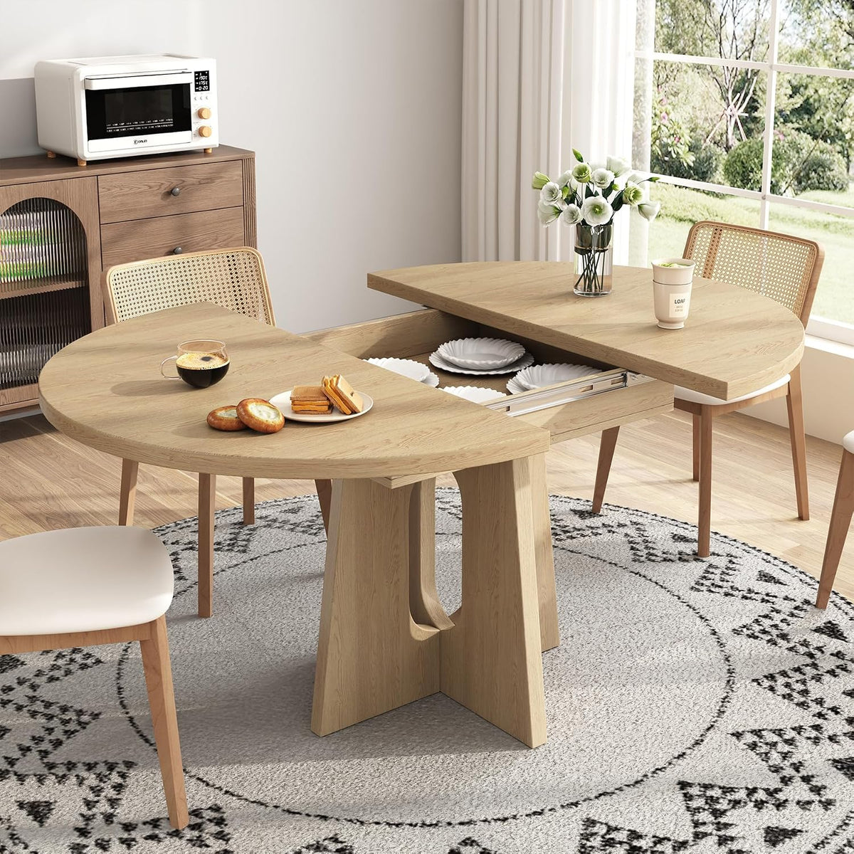 Epecoya 59-Inch Extendable Round Dining Table for Dining Room, Light Oak | 4-6 People Farmhouse Oval Wood Expandable Kitchen Dinner Table with Heavy Cross Pedestal for Living Room, Apartment