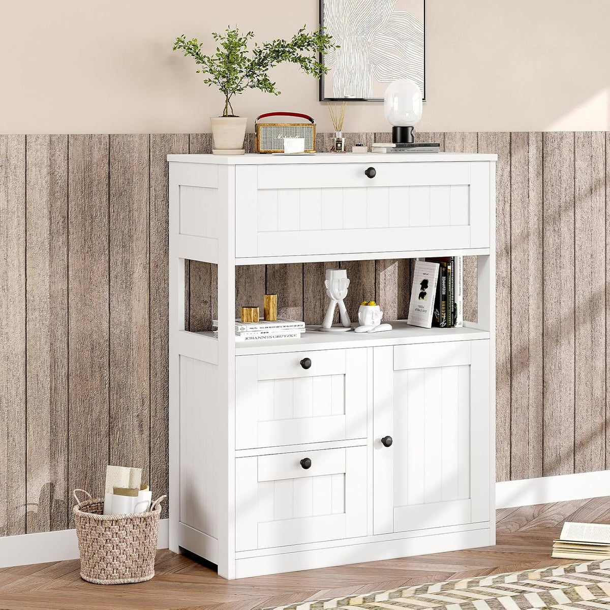 GRUSIGN Bathroom Cabinet, Modern Bathroom Floor Storage Cabinet Organizer with 1 Door and 3 Drawers, Freestanding Cupboard for Kitchen/Living Room Use