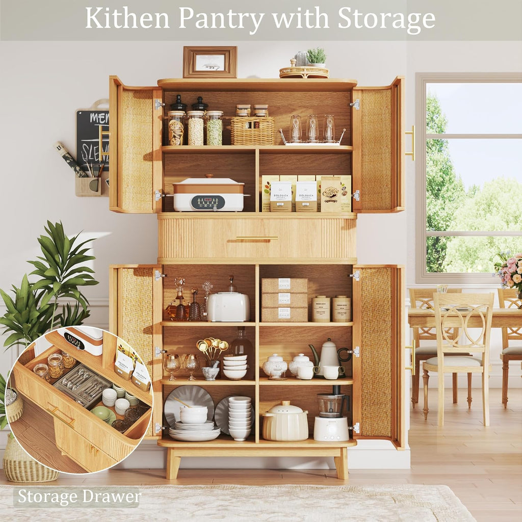 HUAHUU 71" Pantry Cabinet with Drawer, Kitchen Pantry Storage Cabinet with 4 Doors, Modern Curved Storage Cabinets with 10 Large Storage Spaces for Dining Room, Living Room, Oak