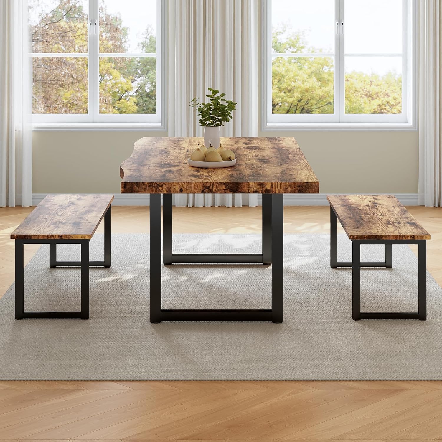 HIPIHOM 63" Dining Table with 2 Benches, Modern Kitchen Table and Chairs Set for 4, Thickened MDF Wooden Table for Kitchen, Dining Room, Office