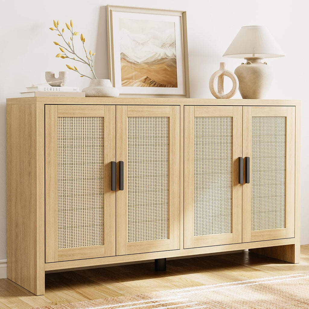 Mericonia Rattan Buffet Cabinet with Storage, Sideboard with Doors, Console Table, Farmhouse Coffee Bar, Modern Wood Long Cabinets (Oak)