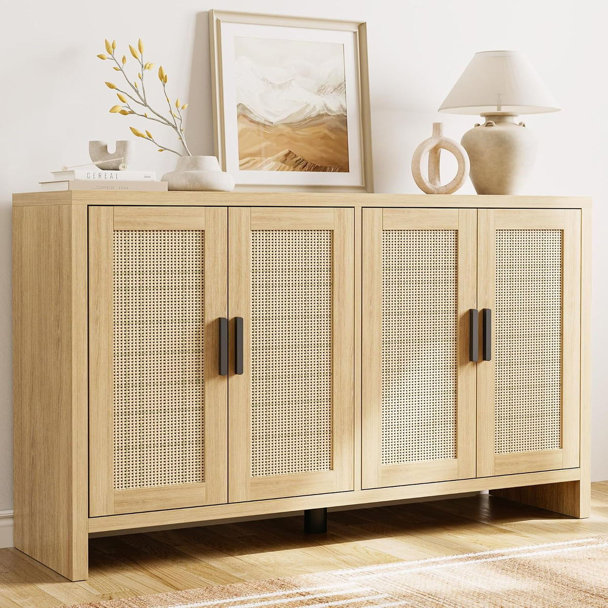 Mericonia Rattan Buffet Cabinet with Storage, Sideboard with Doors, Console Table, Farmhouse Coffee Bar, Modern Wood Long Cabinets (Oak)