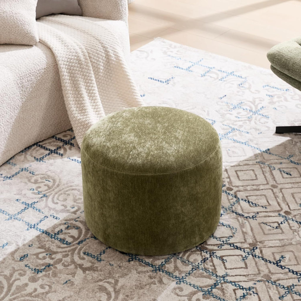 Flouki Pouf Ottoman Footrest, Foot Stools, Modern Round Upholstered Ottomans, Ottomans Pouffe, for Living Room, Bedroom, Entryway, Dorm, Selected Chenille Fabric, Green