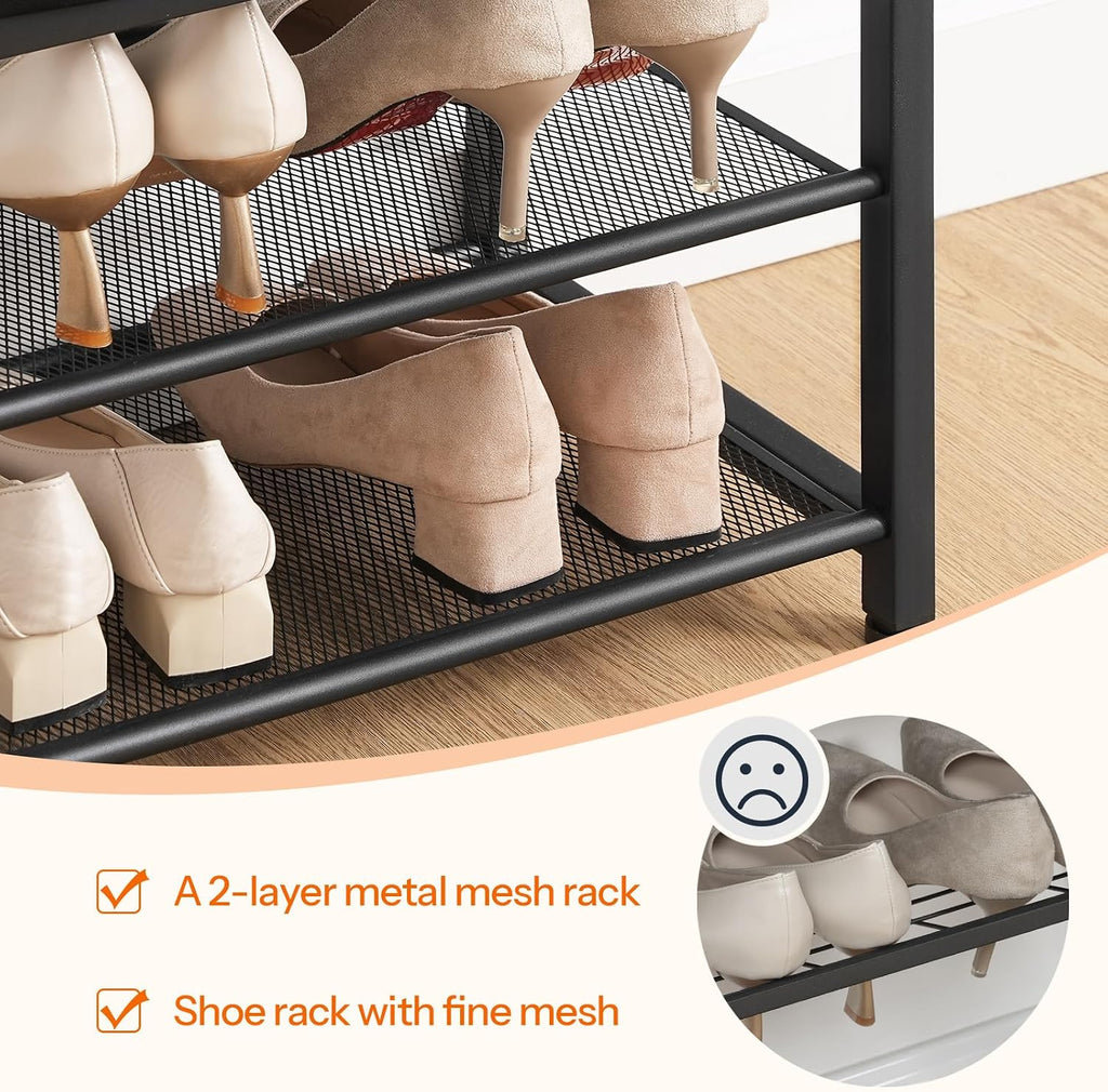 HOOBRO Small Shoe Bench, 3-Tier Shoe Rack, Shoe Storage Bench with PU Seat Cushion, Entryway Shoe Rack Bench with Metal Mesh Shelves, Freestanding Shoe Organizer for Hallway, Brown CB33HX01