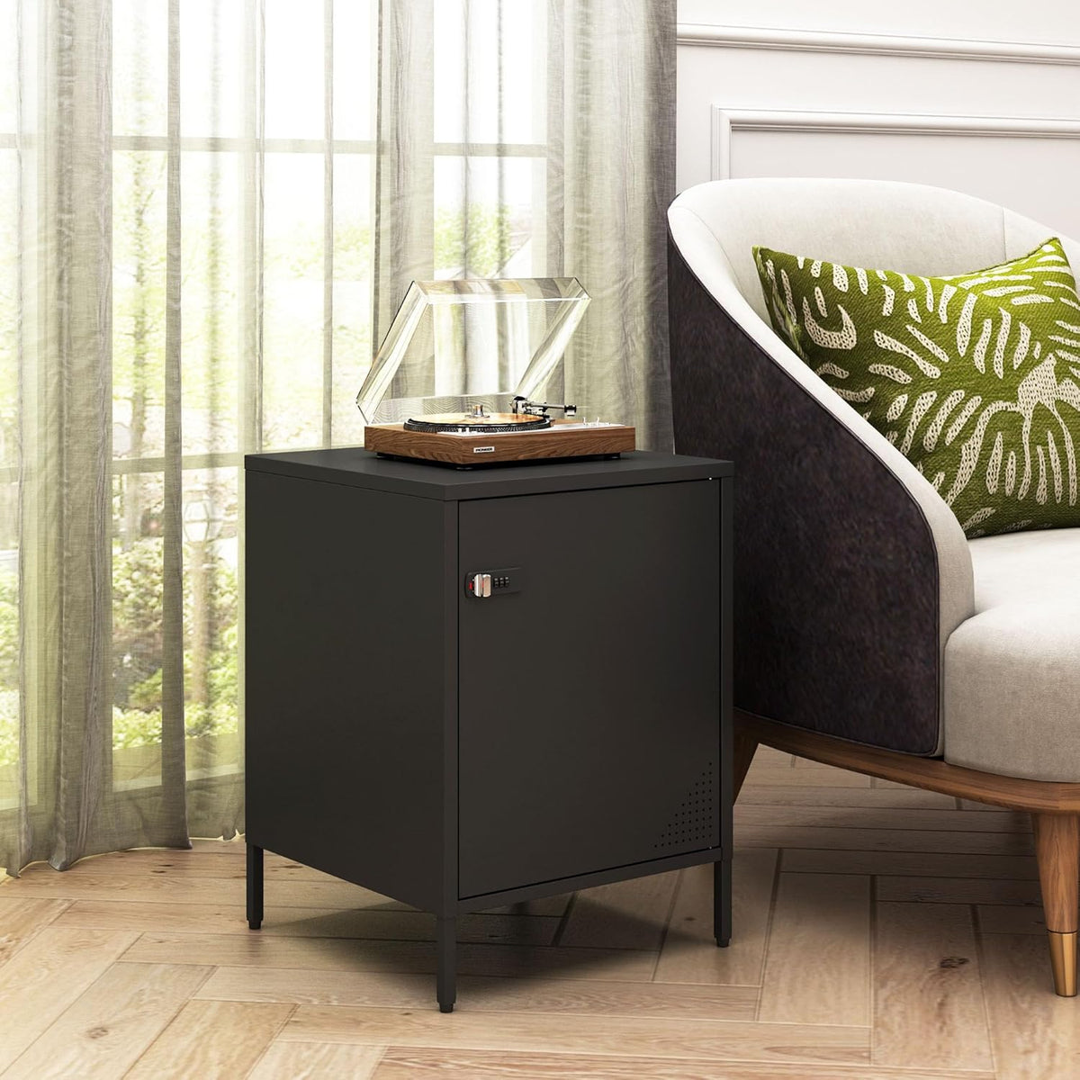 Steehoom Metal Lockable Nightstand, Single Door Locker Metal End Table Small Bedside Storage Cabinet for Living Room, Bedroom, Dorm, 21.26”H X 15.75”W X 15.75”D (1 Door, Black)