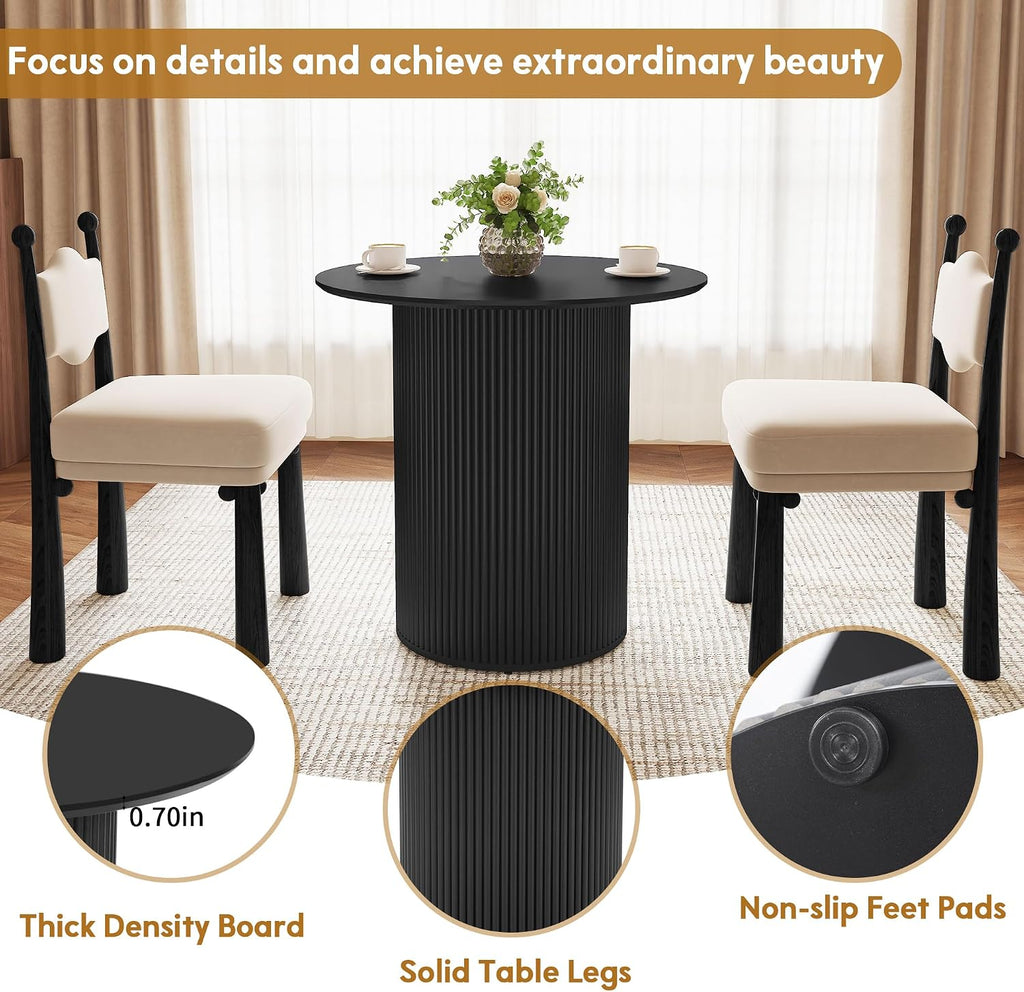 31.5 inch Round Dining Table for 2, Farmhouse Wood Fluted Dinner Round Kitchen Table with Wood Fluted Base, Mid-Century Modern Small Circle Dining Room Ta ble for Kitchen Living Room (Black)