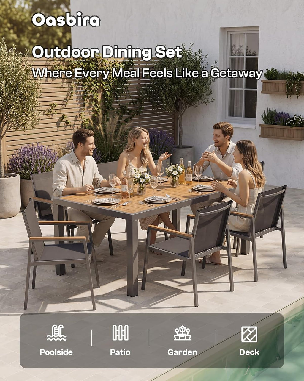 Outdoor Dining Set, 7 Piece Aluminum Patio Table and Chairs Set, All Weather Patio Dining Furniture Set with Umbrella Hole for Backyard, Deck, Poolside (Gray-Teak)