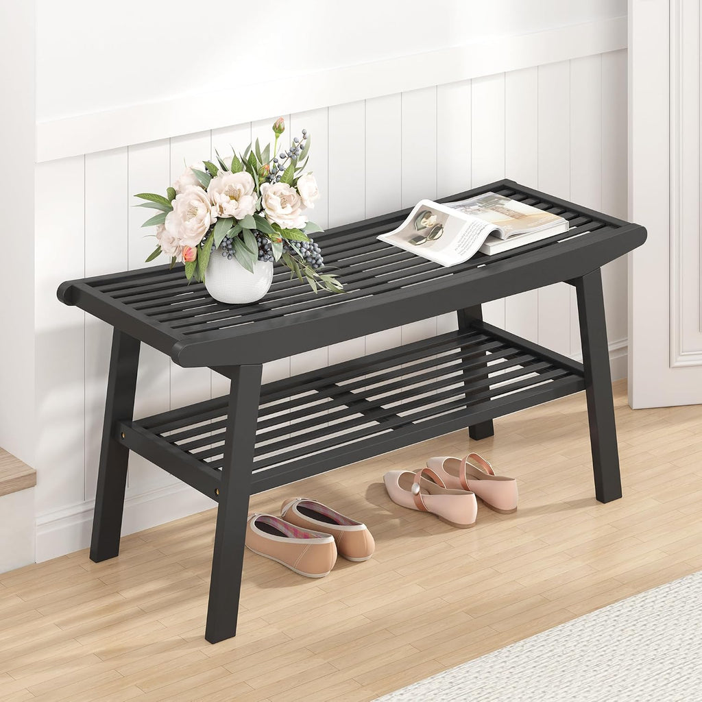 Bamboo Dining Bench Indoor Long Bench Sturdy & Comfortable Indoor Storage Bench Durable Slat Woven Design Modern Entryway Seating for Hallway (Black, 2 Tiers)