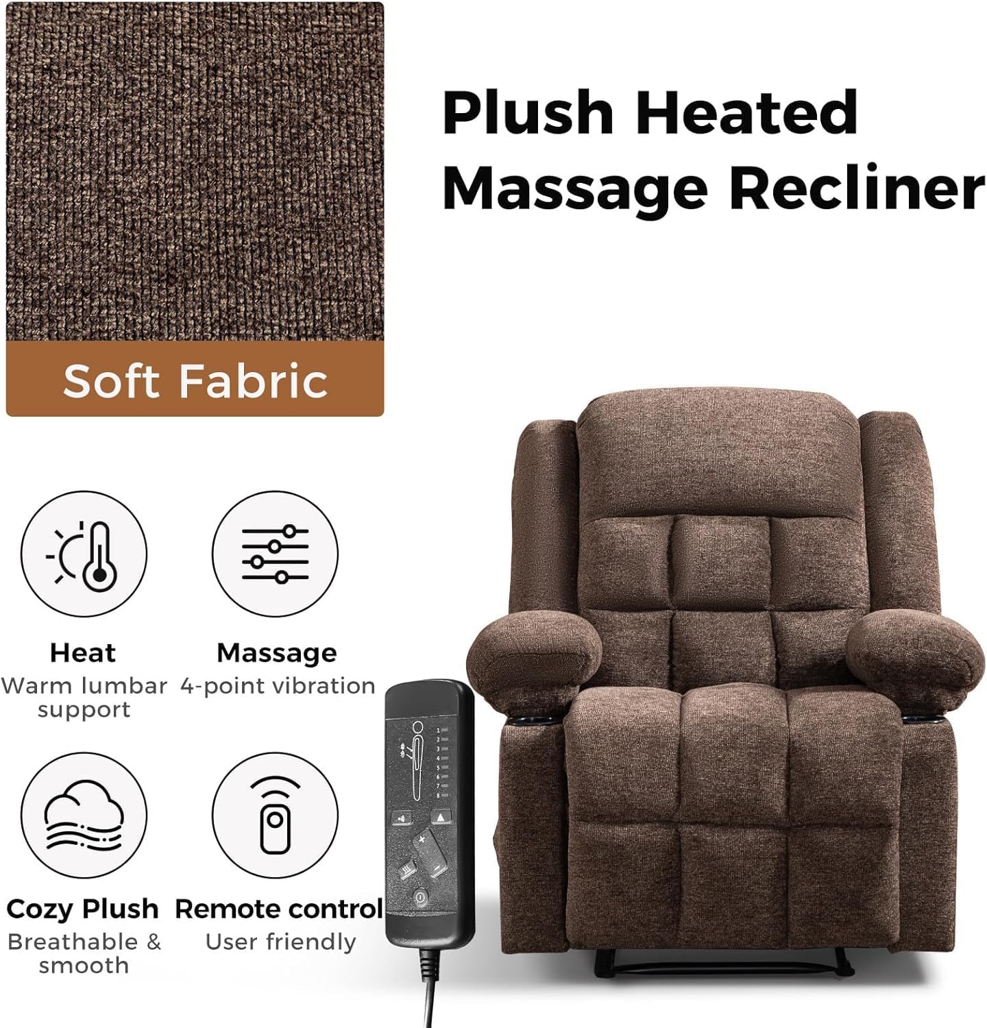 HAOMARKETS Manual Recliners with Massage and Heat for Adults, Classic Breathable Fabric Recliner Chair with 2 Cup Holders & Side Pockets, Overstuffed Heavy Duty Reclining Sofa for Living Room,Brown