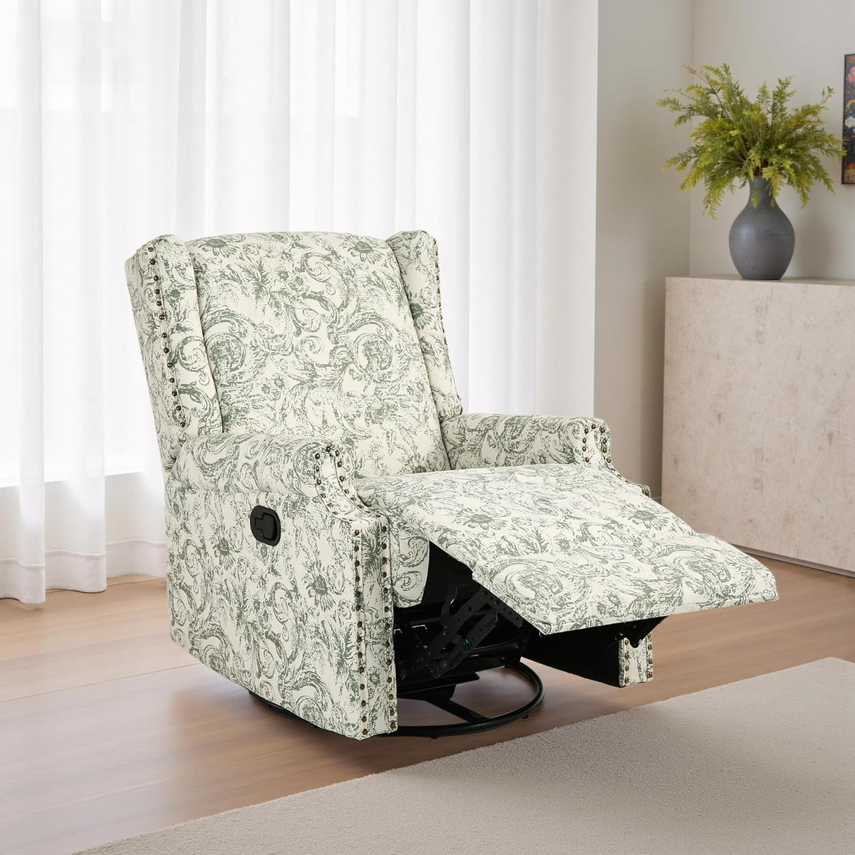 Swivel Glider Floral Recliner Chair, High Back Swivel Rocker Fabric Wingback Chair for Living Room, Rivet Trim Upholstered Armchair Manual Sofa Seating - Rococo Green